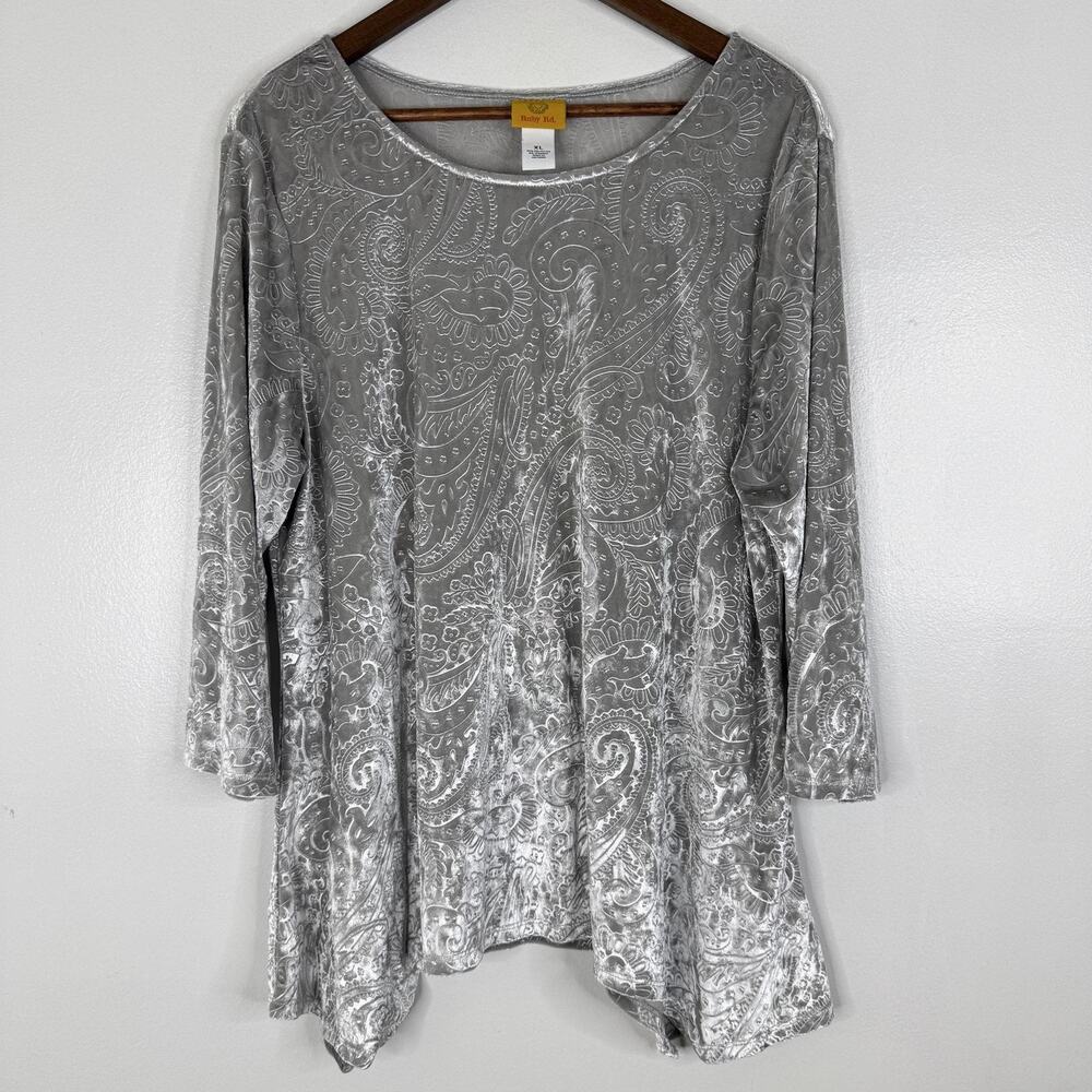 Velvet Paisley Ruby Rd Top XL Silver Long Sleeve Tunic Blouse Stretchy Womens